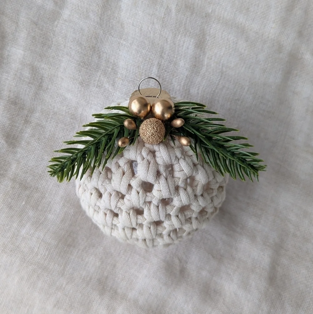 Handcrafted Crochet Ornament Ball Cream with Gold Accents Christmas Tree Gift